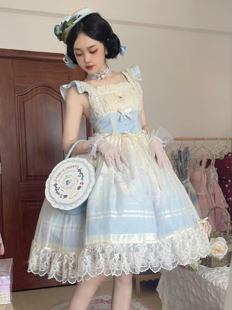 Süßes Lolita-Kleid mit Spitzenbesatz rundem Kragen Netzstoff langen Ärmeln bedrucktem Prinzessinnenkleid