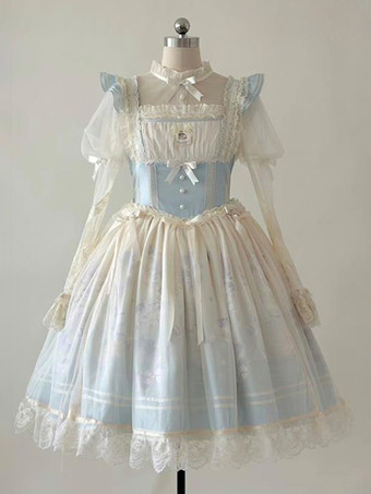 Süßes Lolita-Kleid mit Spitzenbesatz rundem Kragen Netzstoff langen Ärmeln bedrucktem Prinzessinnenkleid