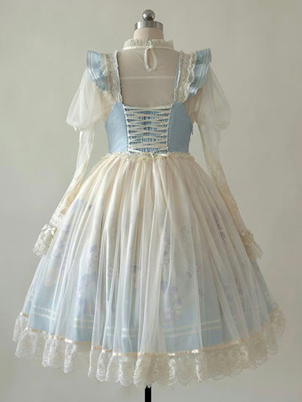 Süßes Lolita-Kleid mit Spitzenbesatz rundem Kragen Netzstoff langen Ärmeln bedrucktem Prinzessinnenkleid
