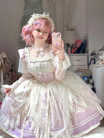 Lavendel Süßes Lolita-Kleid mit Spitzenbesatz rundem Kragen Netzstoff langen Ärmeln bedrucktem Prinzessinnenkleid