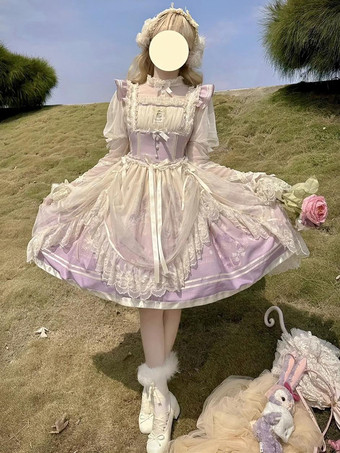 Süßes Lolita-Kleid mit Spitzenbesatz rundem Kragen Netzstoff langen Ärmeln bedrucktem Prinzessinnenkleid
