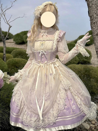 Süßes Lolita-Kleid mit Spitzenbesatz rundem Kragen Netzstoff langen Ärmeln bedrucktem Prinzessinnenkleid