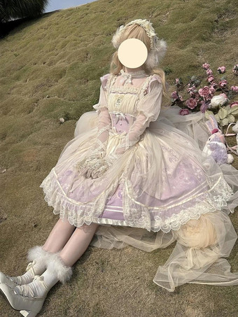 Süßes Lolita-Kleid mit Spitzenbesatz rundem Kragen Netzstoff langen Ärmeln bedrucktem Prinzessinnenkleid