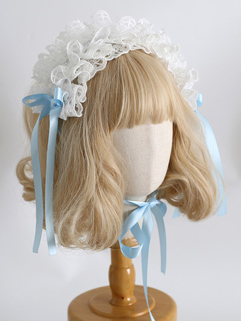 ライトスカイブルーヘッドバンド ヘッドドレス スイートロリータアクセサリー ブラック ホワイト フリル リボン レース ヘッドウェア