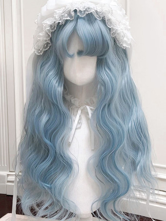 Peluca de Lolita de moda Harajuku color azul cielo claro larga de fibra resistente al calor despeinada accesorios de Lolita
