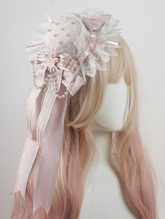 スイートロリータハット ピンクチェーン フリル リボン レースヘッドバンド ロリータヘッドドレスアクセサリー
