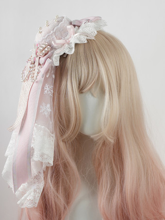 スイートロリータハット ピンクチェーン フリル リボン レースヘッドバンド ロリータヘッドドレスアクセサリー