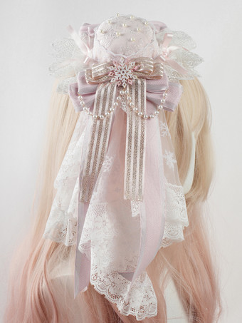 スイートロリータハット ピンクチェーン フリル リボン レースヘッドバンド ロリータヘッドドレスアクセサリー