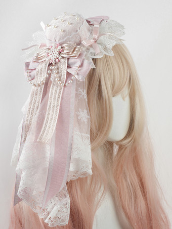 ピンクスイートロリータハット ピンクチェーン フリル リボン レースヘッドバンド ロリータヘッドドレスアクセサリー
