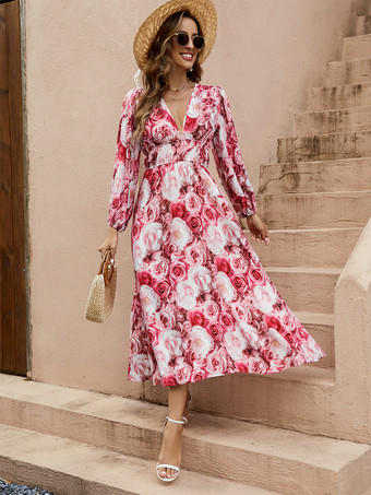 2025年夏にぴったりのローズフローラルプリントVネックマキシドレス（長袖）