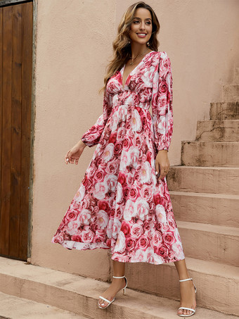 ピンク2025年夏にぴったりのローズフローラルプリントVネックマキシドレス（長袖）