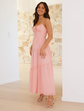 バターイエローのフロントタイレイヤードマキシスリップドレス（フリル付き）2025