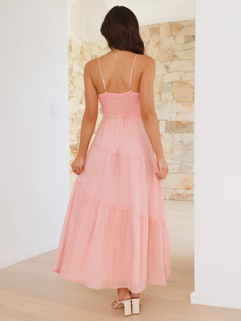 バターイエローのフロントタイレイヤードマキシスリップドレス（フリル付き）2025