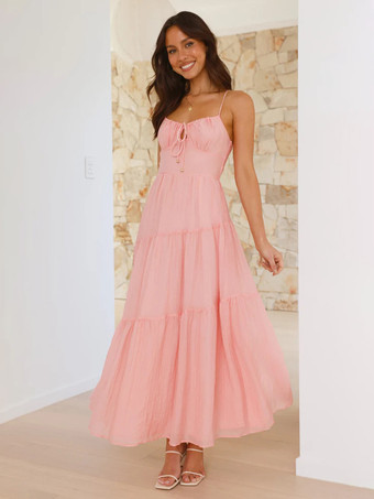 ピンクバターイエローのフロントタイレイヤードマキシスリップドレス（フリル付き）2025