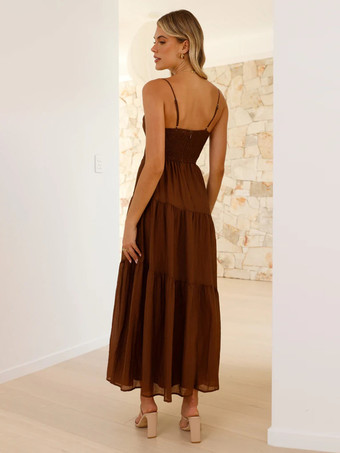 バターイエローのフロントタイレイヤードマキシスリップドレス（フリル付き）2025