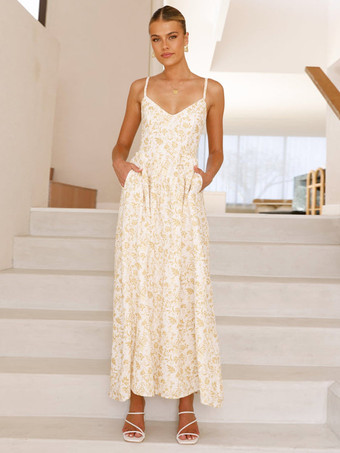 イエローバック結びの花柄マキシスリップドレス 2025