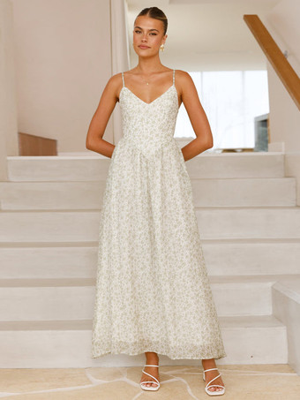 グリーン バック結びの花柄マキシスリップドレス 2025