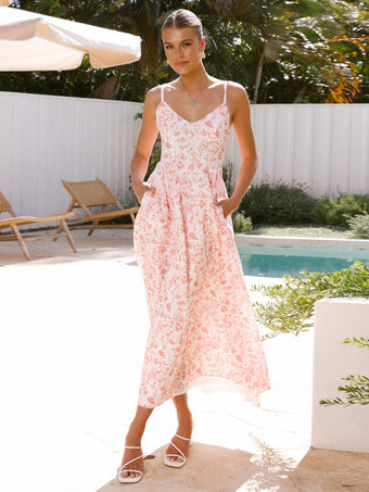 ピンクバック結びの花柄マキシスリップドレス 2025