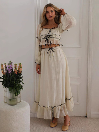 アプリコット長袖クロップトップとロングスカートの2ピースコーデセット（レディース 2025年版）