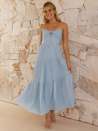 blue dress for baby girl Xatia Baby Blue Jacquard Textured High Slit Maxi Dress main image 1