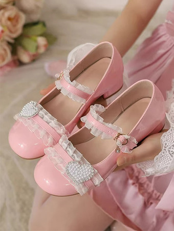 ピンクスイートロリータフットウェア ピンクフリルカラーブロックチャンキーヒールメリージェーンロリータパンプス