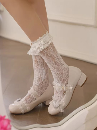 スイートロリータフットウェア ピンクフリルカラーブロックチャンキーヒールメリージェーンロリータパンプス