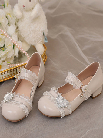 アイボリー スイートロリータフットウェア ピンクフリルカラーブロックチャンキーヒールメリージェーンロリータパンプス