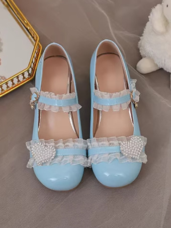 スイートロリータフットウェア ピンクフリルカラーブロックチャンキーヒールメリージェーンロリータパンプス