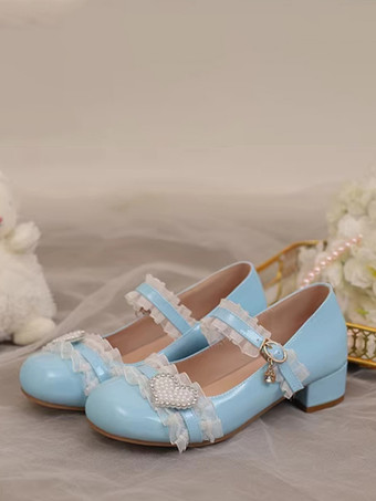 ライトスカイブルースイートロリータフットウェア ピンクフリルカラーブロックチャンキーヒールメリージェーンロリータパンプス