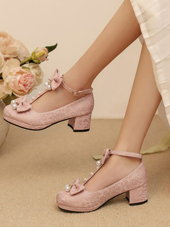 中国風ロリータ靴 ライトグリーンのリボンとパールのラウンドトゥロリータパンプス