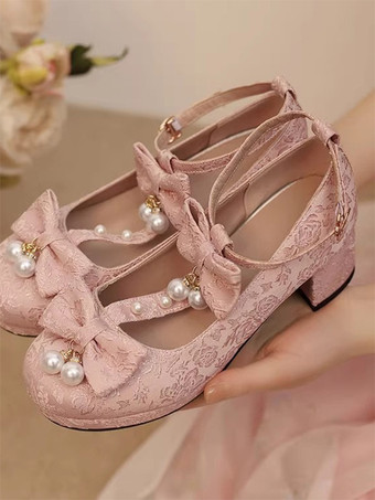 ピンク中国風ロリータ靴 ライトグリーンのリボンとパールのラウンドトゥロリータパンプス