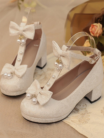 アイボリー 中国風ロリータ靴 ライトグリーンのリボンとパールのラウンドトゥロリータパンプス