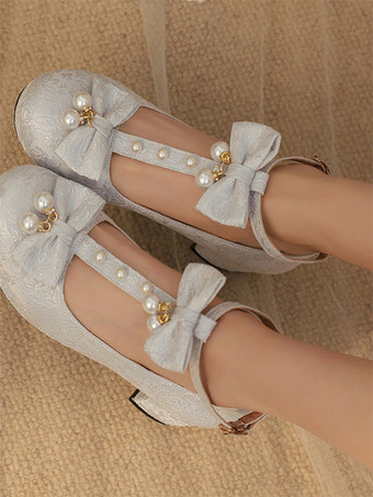 ライトスカイブルー中国風ロリータ靴 ライトグリーンのリボンとパールのラウンドトゥロリータパンプス