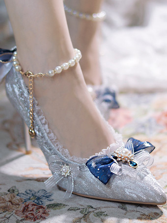 スイートウェディング姫ロリータシューズ シルバーカラーブロックフリルリボンポインテッドトゥロリータパンプス