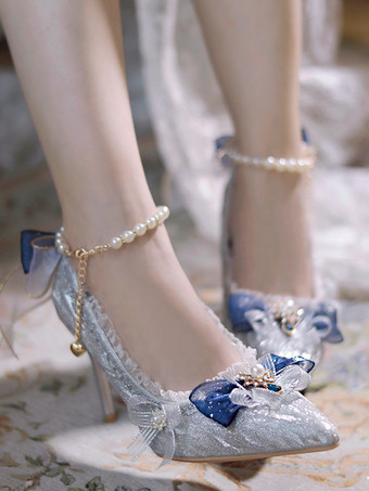 スイートウェディング姫ロリータシューズ シルバーカラーブロックフリルリボンポインテッドトゥロリータパンプス