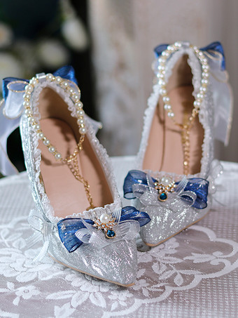 スイートウェディング姫ロリータシューズ シルバーカラーブロックフリルリボンポインテッドトゥロリータパンプス