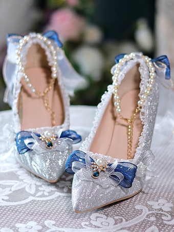 スイートウェディング姫ロリータシューズ シルバーカラーブロックフリルリボンポインテッドトゥロリータパンプス