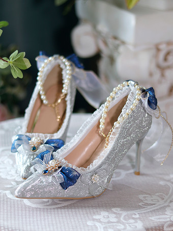 スイートウェディング姫ロリータシューズ シルバーカラーブロックフリルリボンポインテッドトゥロリータパンプス