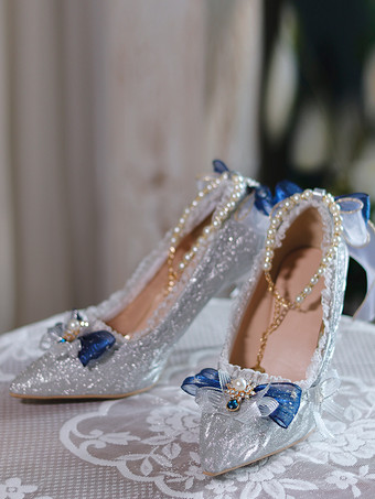 シルバー スイートウェディング姫ロリータシューズ シルバーカラーブロックフリルリボンポインテッドトゥロリータパンプス