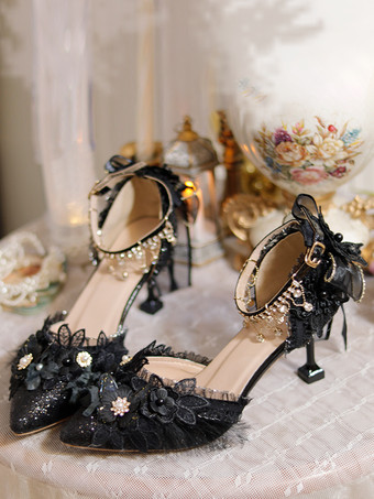 ブラック ウェディングゴシックロリータシューズ ブラック フリル 花 チェーン スティレットヒール ロリータシューズ