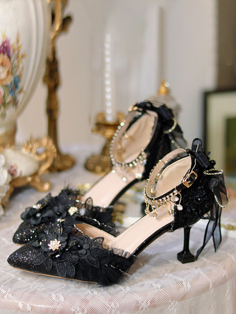 ウェディングゴシックロリータシューズ ブラック フリル 花 チェーン スティレットヒール ロリータシューズ