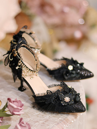 ウェディングゴシックロリータシューズ ブラック フリル 花 チェーン スティレットヒール ロリータシューズ