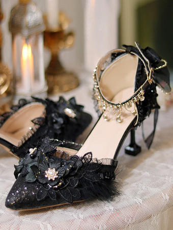 ウェディングゴシックロリータシューズ ブラック フリル 花 チェーン スティレットヒール ロリータシューズ