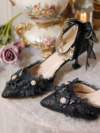 ウェディングゴシックロリータシューズ ブラック フリル 花 チェーン スティレットヒール ロリータシューズ