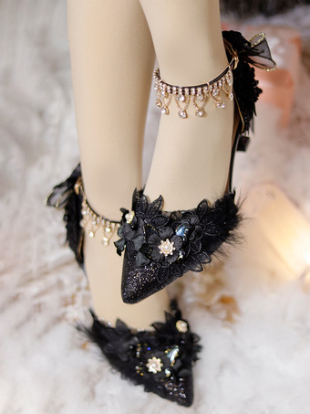 ウェディングゴシックロリータシューズ ブラック フリル 花 チェーン スティレットヒール ロリータシューズ