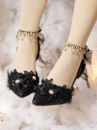 ウェディングゴシックロリータシューズ ブラック フリル 花 チェーン スティレットヒール ロリータシューズ