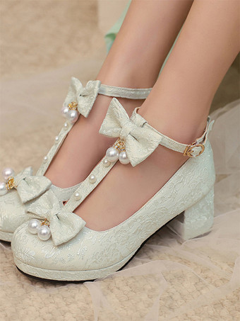ライトグリーン 中国風ロリータ靴 ライトグリーンのリボンとパールのラウンドトゥロリータパンプス