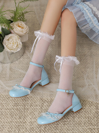 スイートロリータフットウェア ピンクカラーブロックリボンフリルレースラウンドトゥロリータパンプス
