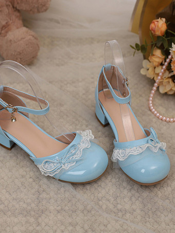 スイートロリータフットウェア ピンクカラーブロックリボンフリルレースラウンドトゥロリータパンプス