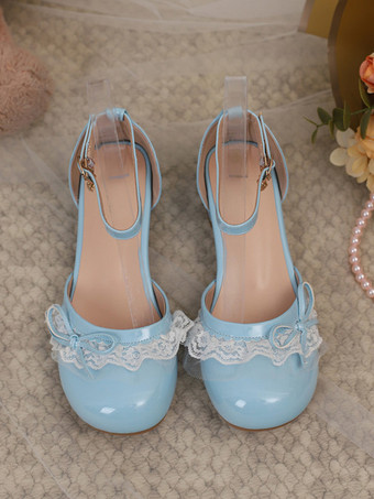 スイートロリータフットウェア ピンクカラーブロックリボンフリルレースラウンドトゥロリータパンプス